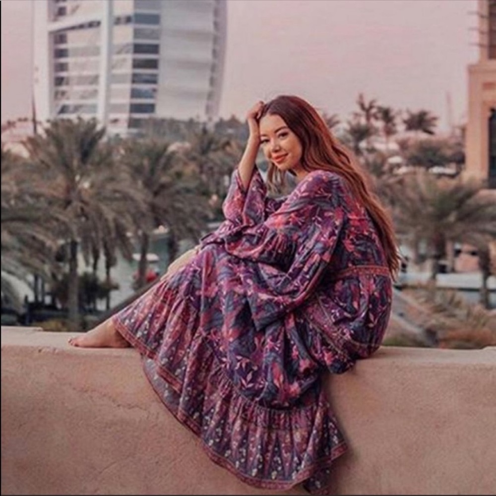 Bohemian Purple Floral Maxi Dress - Lightweight Tiered Sleeve Dopamine Dress - Picture 2 of 8